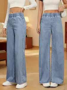 Women's High Waist Loose Fit Jeans Pants, Elastic Waist Wide Leg Denim, Casual Plain Design, All Seasons Comfortable Wear, Casual Denim Trousers