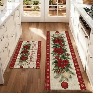 2Pcs Christmas Poinsettia Flower Watercolor Ball Floor Mat Set Farmhouse Kitchen Rug Dining Room Flooring Laundry Room Decor Carpet Mat Home Decor Rugs
