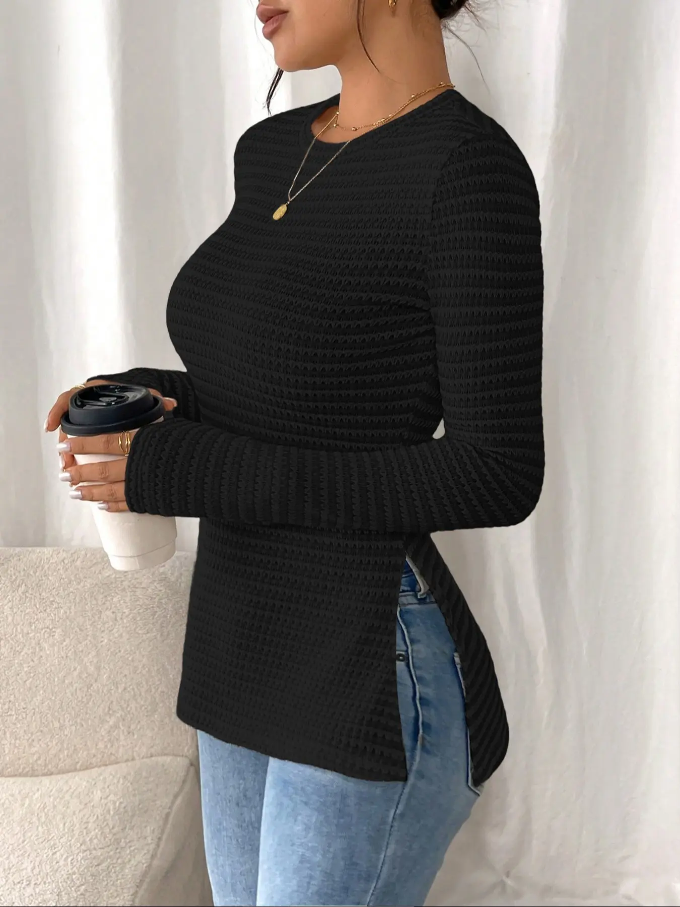Women's Striped Knit Long Sleeve Side Slit Top, Slim Fit Casual Fashion Shirt for Fall Season, Versatile Basic Layering Piece