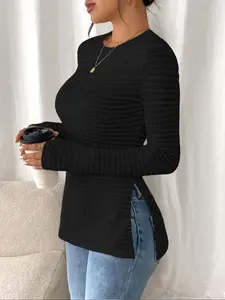 Women's Striped Long Sleeve Side Slit Top Blouse, Slim Fit Casual Fashion Shirt for Fall Season, Versatile Basic Layering Piece