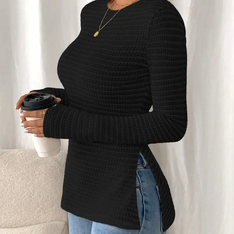 Women's Striped Long Sleeve Side Slit Top, Slim Fit Casual Fashion Shirt for Fall Season, Versatile Basic Layering Piece, Knit Fabric Top