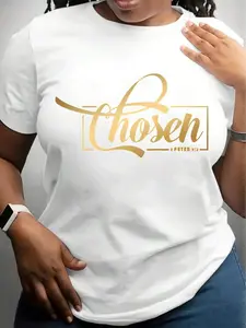 Plus Size - Plus Size - Comfortable And Pleasant Women'S Plus-Size Graphic T-Shirt - Casual Black with Golden Italic Print, Short Sleeves, Round Neck, Soft, Loose Fit, Suitable for Spring And Summer, Plus-Size Shirt