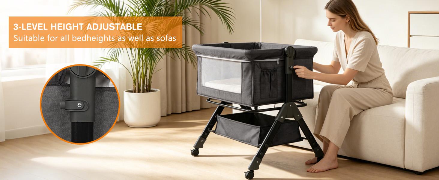 【SummerVibes】 Portable Baby Bed 6-in-1 - Foldable Crib w/ 6 Height Adjustments, Bedside Sleeper, Rocker & Bassinet + Storage Basket & Mattress & Ultra-Quiet Wheels , Nursery Must-Have Folding Sleeping Cot