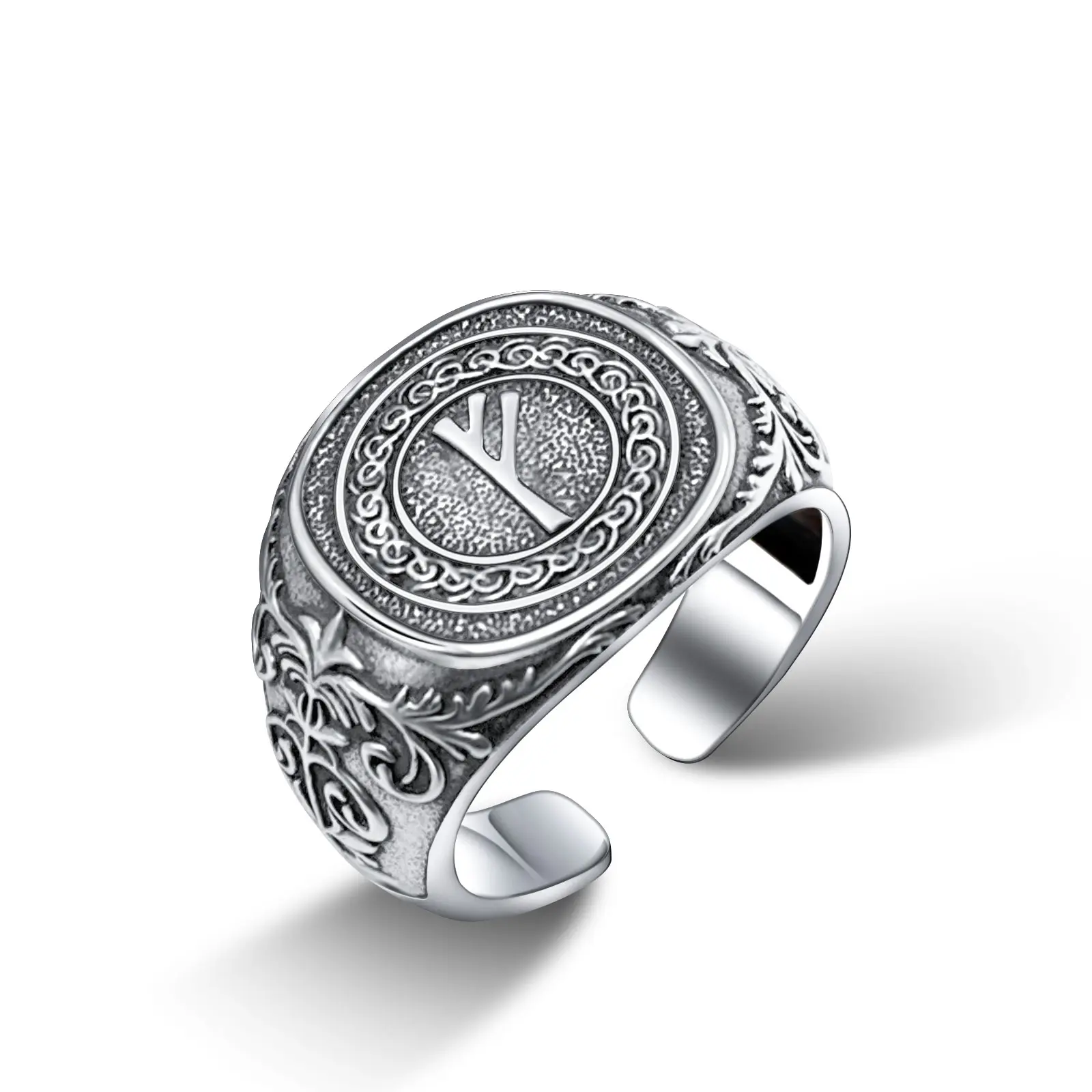 Fehu (ᚠ) Viking Bindrunes Open Ring 925 Sterling Silver Jewelry Norse Nordic Pagan Retro Rune Sigils Best Gifts for Men Women Lover Faith Birthday Anniversary Graduation Handcrafted Rings