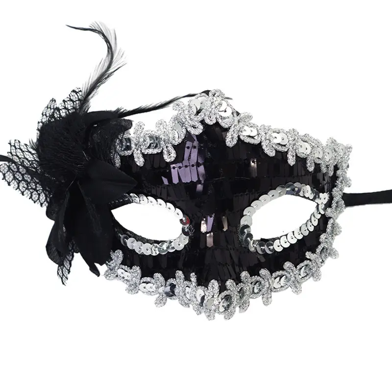 Side-flower sequin mask [black and silver]