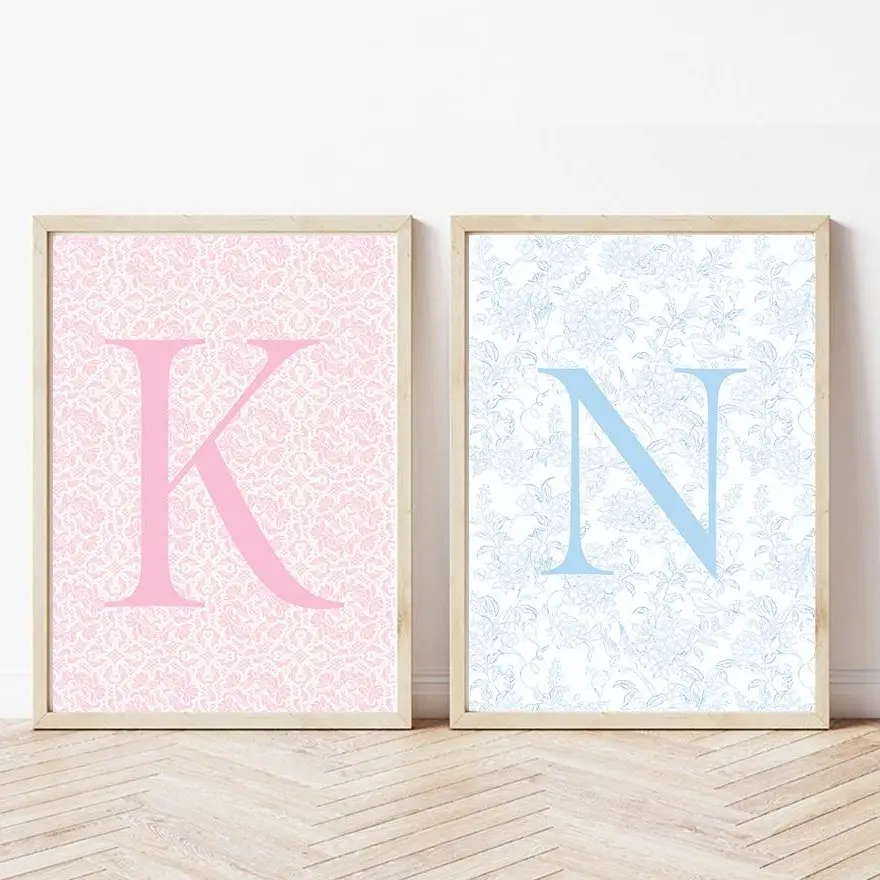 Trendy Custom Pink Blue Floral Initial Print, Personalized Letter Wall Art, Monogram Name unframed Poster, Boy's Girl’s Room Dorm Decor Gift