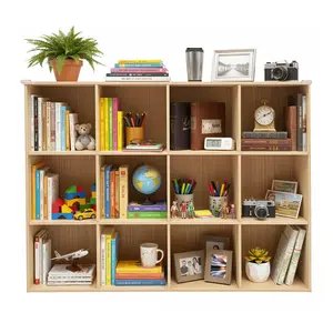 12-Compartment Solid Wood Bookcase with Deep Shelves & Anti-Collision Corners, Heavy Duty 220 lbs Capacity Storage Shelf, Semi-Open Design for Home Office Study Living Room, Floor Standing Display Rack