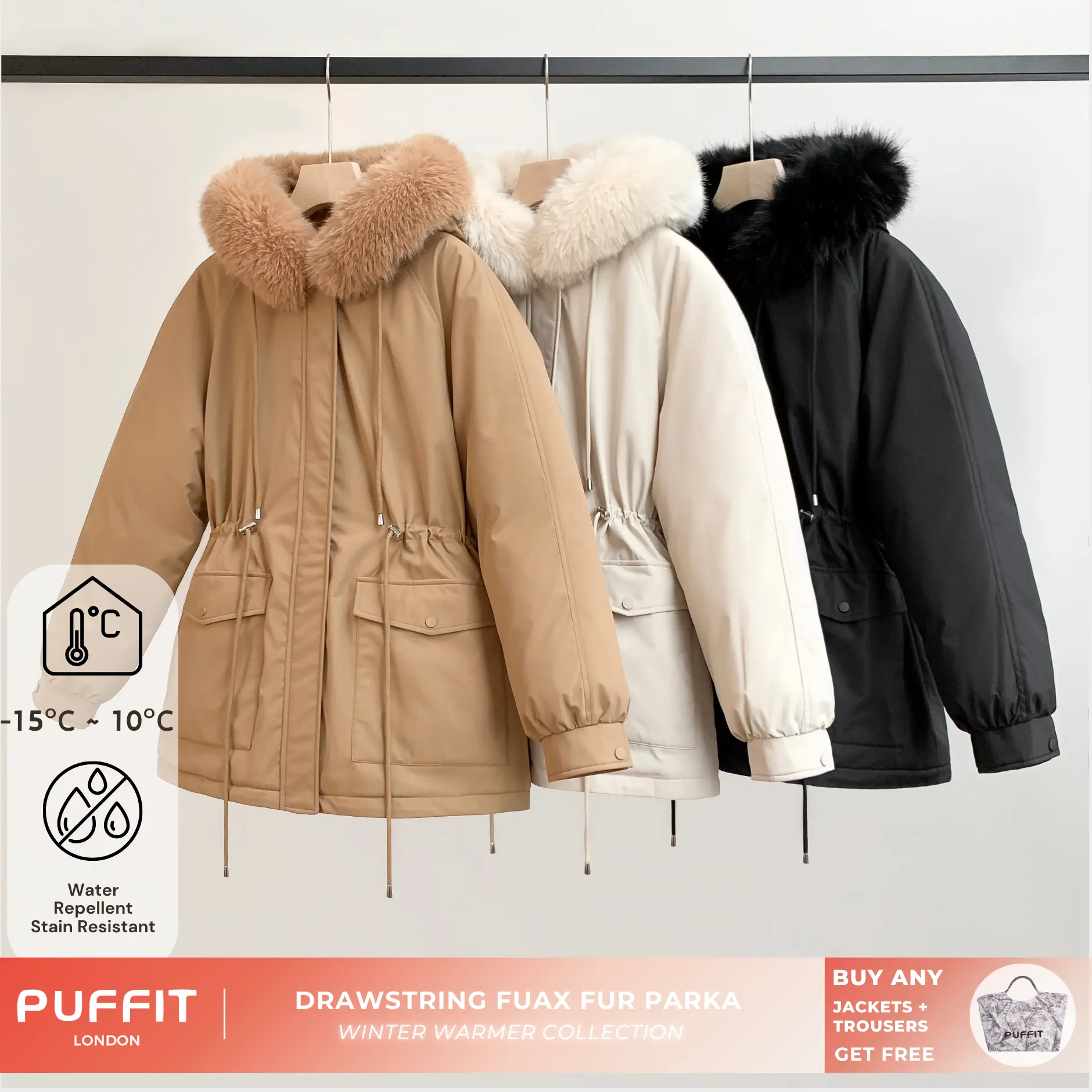 PUFFIT Faux Fur Mid-Length Hooded Drawstring Parka With Adjustable Waist Belt Design And Extra-Deep Pockets,Women‘s Fashion Coats,Versatile Fall Winter Outerwear For Women‘s Basic Tops,2026 Shopping