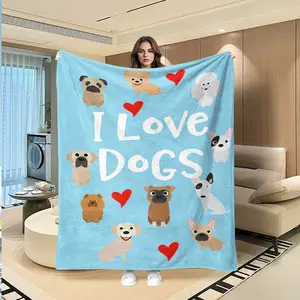Cute Cartoon Multi-Dog Flannel Blanket, Light Blue Heart Print, I Love Dogs Slogan, Pet Owner Bedroom Sofa Nap Warm Cover