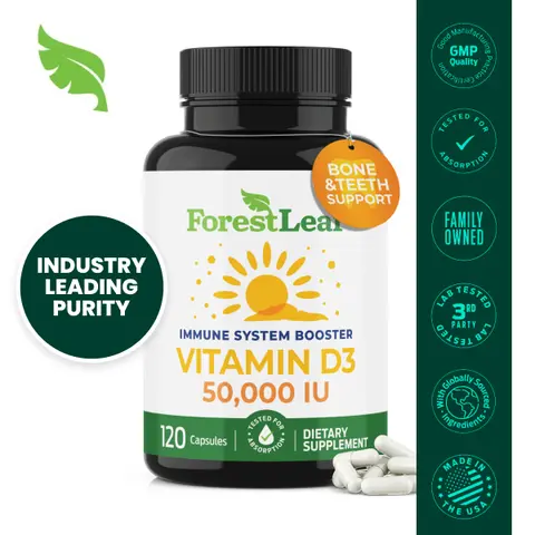 ForestLeaf Vitamin D3 50000 IU - Bone Health and Immune Support - Small Easy to Swallow Vegetable Capsules - Non-GMO Gluten Free VIT D - VIT D3 Vitamin D Supplements for Women and Men, 120 Count