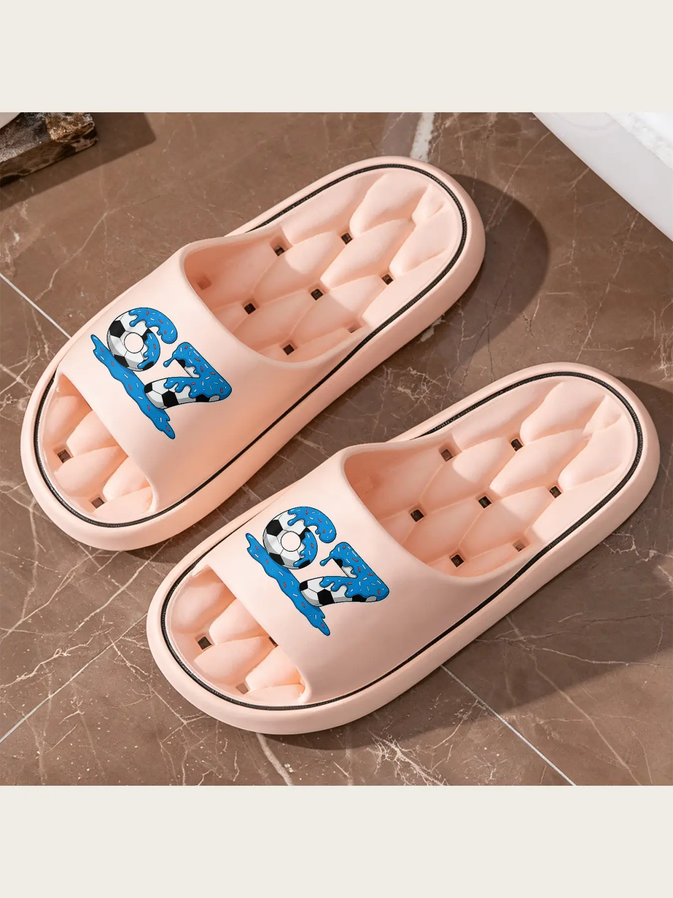Soccer Donut 67 Graphic Slippers Blue Icing Sprinkles Non Slip Comfort Indoor Outdoor House Slides, Casual Soft Lightweight Sandals For Football Sports Lovers Kids Birthday Gift Footwear