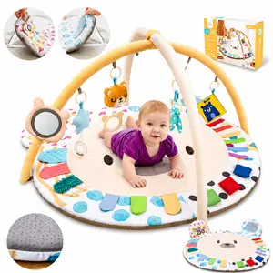 Baby Play Gym, Thickened and Non Slip Activity Mat, 5 Developmental Zones Tummy Time Mat with 5 Detachable Sensory Toys for Motor Skills, Baby Essentials Shower Gift Box