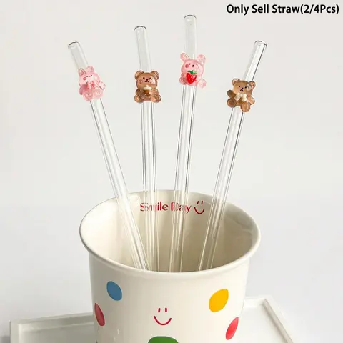 2/4Pcs  Cartoon Bear & Rabbit Design Glass Straw, 1 Set Reusable Straws Cute Glass Straw with Cleaning Brush, Straw Combo, Drinking Straw for Home Kitchen Party, Glass Straw Drinkware