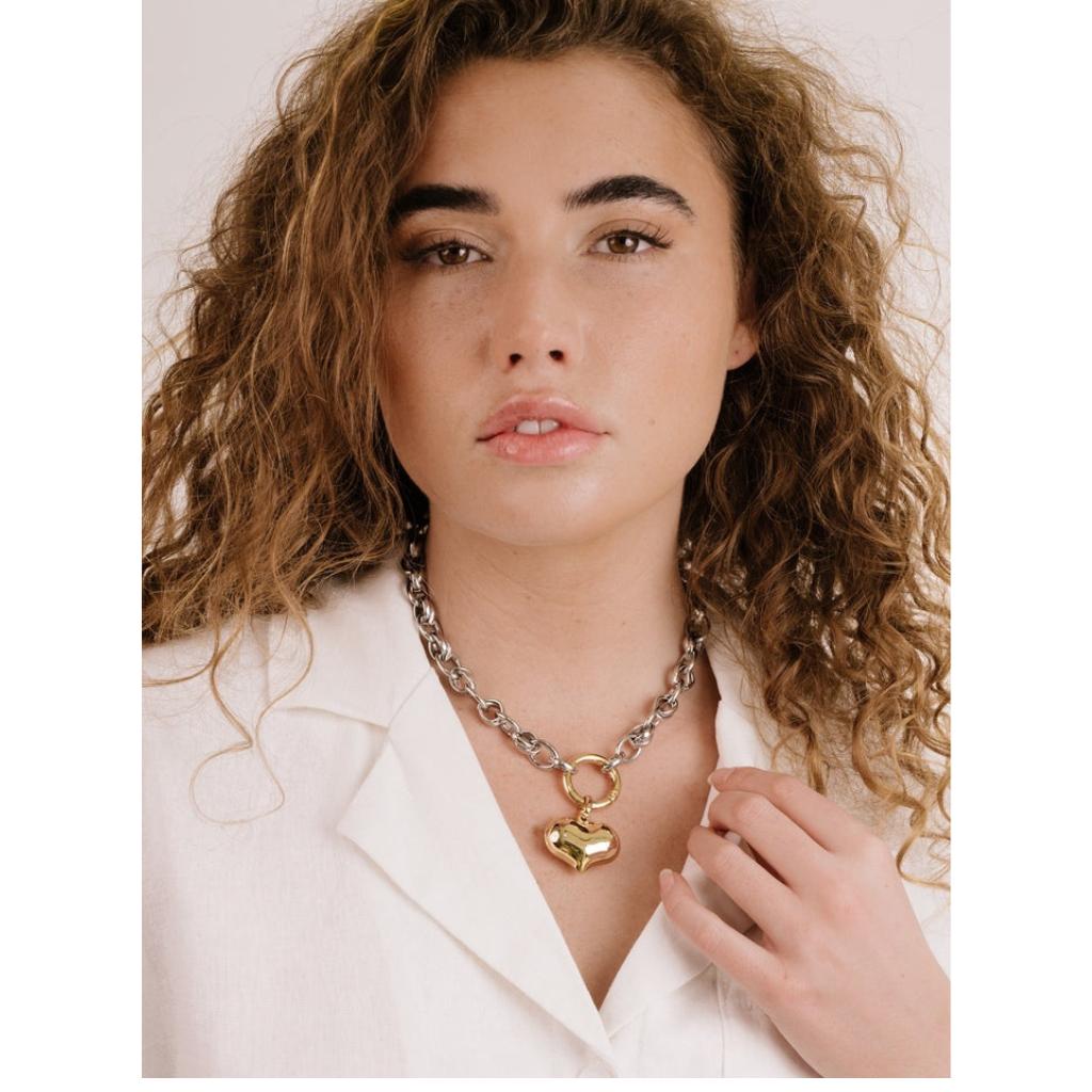 Ettika Locked in Mixed Metal Heart Necklace 18K Gold Plated Rhodium Plated Steel & Brass 15" Length with 5" Extender Adjustable Lobster Clasp Closure for Women