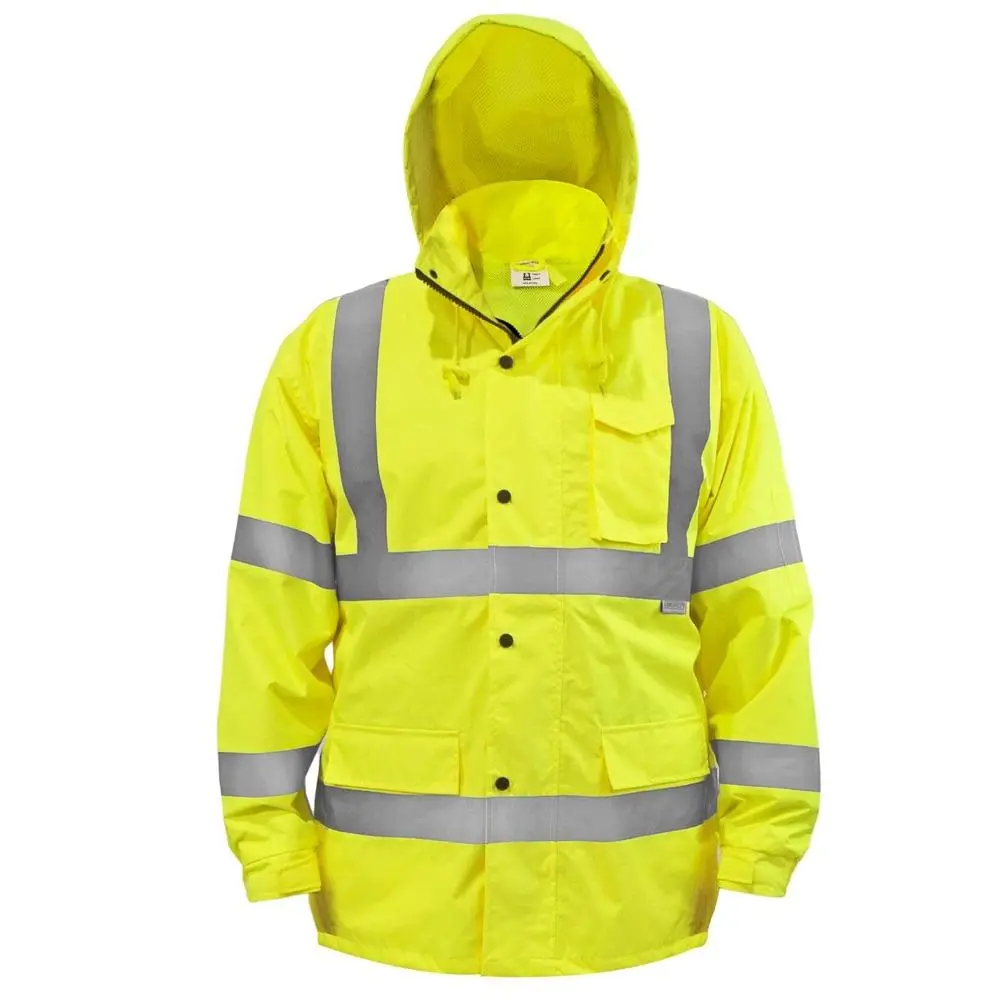 ANSI Class 3 High-Visibility Waterproof Polyurethane Rain Jacket - Lightweight, Windproof, Weather Resistant, Mesh Lined, Adjustable Cuffs, Concealed Hood for Construction Crews, Roadway Work