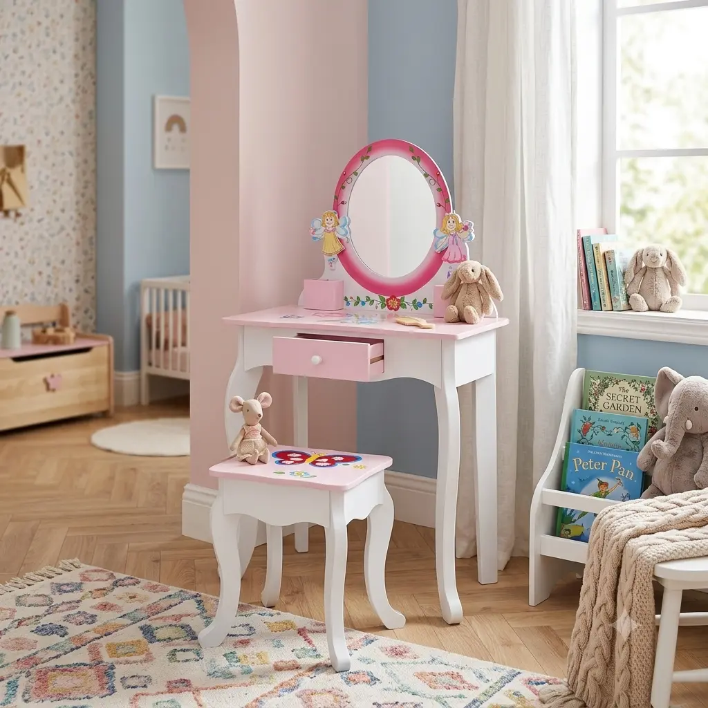 Kids Vanity Set with Mirror, Toddler Wooden Vanity Table with Stool & Drawer, Removable Top, Girl's Birthday Gift & Christmas Present
