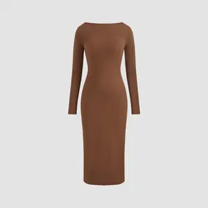 Cider [2 colors, size 0-26] Cotton-blend Boat Neck Solid Midi Dress Dealsforyou