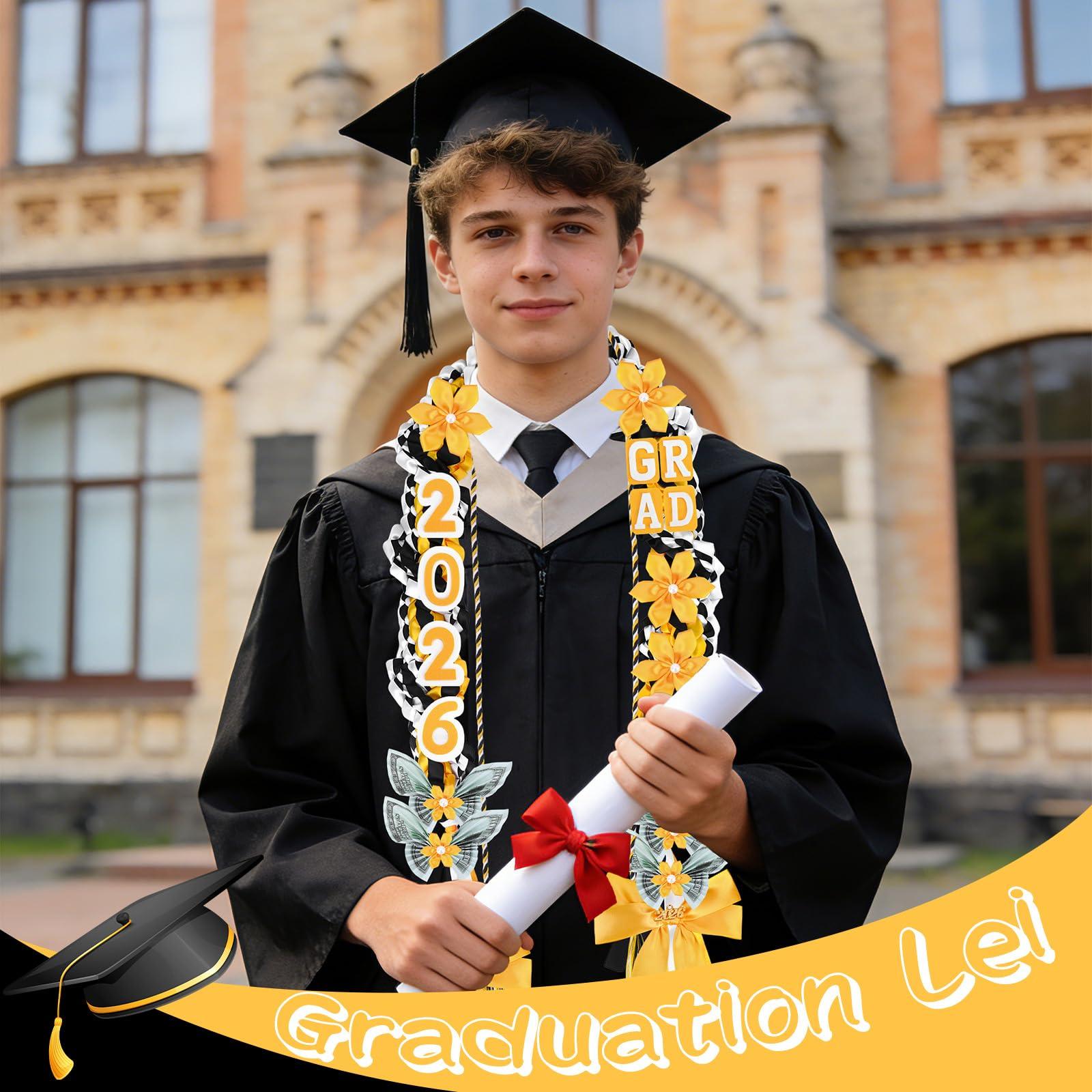 ONERIR 21Pcs Graduation Leis 2026, 50 Inch Class of 2026 Double Braided Money Lei with Satin Ribbon Flowers, Blue Yellow White Graduation Party Gifts for Women & Men