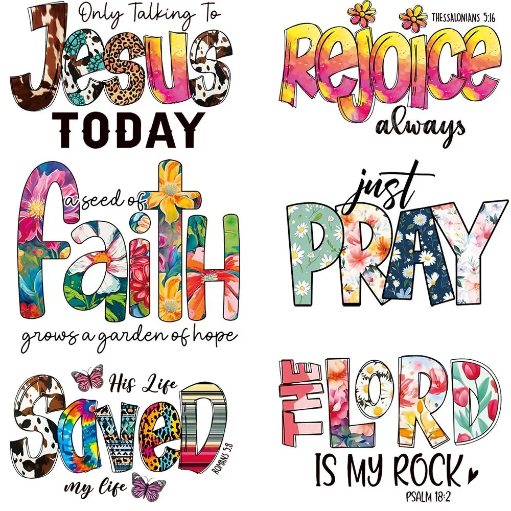 Jesus Letter Pattern Iron on Patch, 6 Counts/set Embroidery Patches, Lettered Embroidery Colorful Faith Washable & Iron-on Patch, DIY Clothing Sticker for T-shirt, Jeans, Backpack