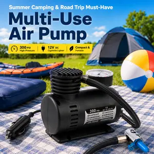 Portable 12V Air Pump for Pool Floats, 300 PSI Car Plug Inflator with Pressure Gauge & 3 Nozzles for Balls, Balloons, Swim Rings and Summer Inflatables
