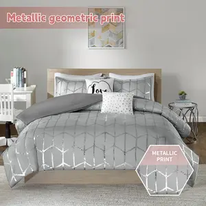 Intelligent Design Raina Duvet Set Metallic Print Geometric Style Embroidered Toss Pillows Modern Trendy All Season Comforter Cover Bedding-Set with Matching Sham