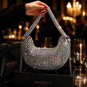 Rhinestone Embellished Crescent Hobo Purse, Sparkly Evening Crossbody Bag with Detachable Chain, Multicolor Crystal Top Handle Shoulder Bag for Party, Club, Bridal and Casual Wear