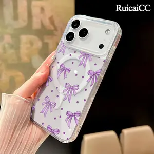 Purple Bow Polka Dots Pattern Magnetic Phone Case for iPhone 15 Plus 17 16 Pro Max Air 14 13 12 11 Transparent Shockproof Soft Premium Stylish Durable Protection Case