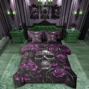 Feelyou 7-Piece Sugar Skull Comforter Set - Violet Rose Floral Gothic Skeleton Soft Microfiber Decorative Bed-in-a-Bag Bedding Set for Teens, Adults, Decorative Bedding Set, Microfiber Bedding Set