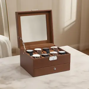 Uten 8-Slot Watch Box, 2-Layers Solid Wood Watch Display Case with Glass Lid, Watch Holder Organizer with Soft Pillow and Velvet Lining, Watch and Jewelry Storage Box, Browm