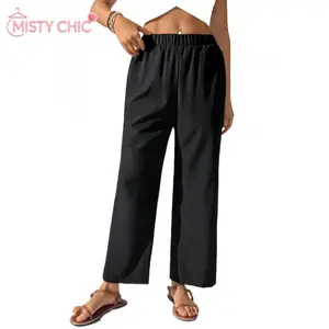 MISTY CHIC Loose Straight Leg Pants With Elastic Waist And Side Pockets, Simple Daily Wear Design, Comfortable Fabric, Ideal For Daily Wear, Casual Gatherings, Mix-And-Match Outfits And Trendy Everyday Fashion