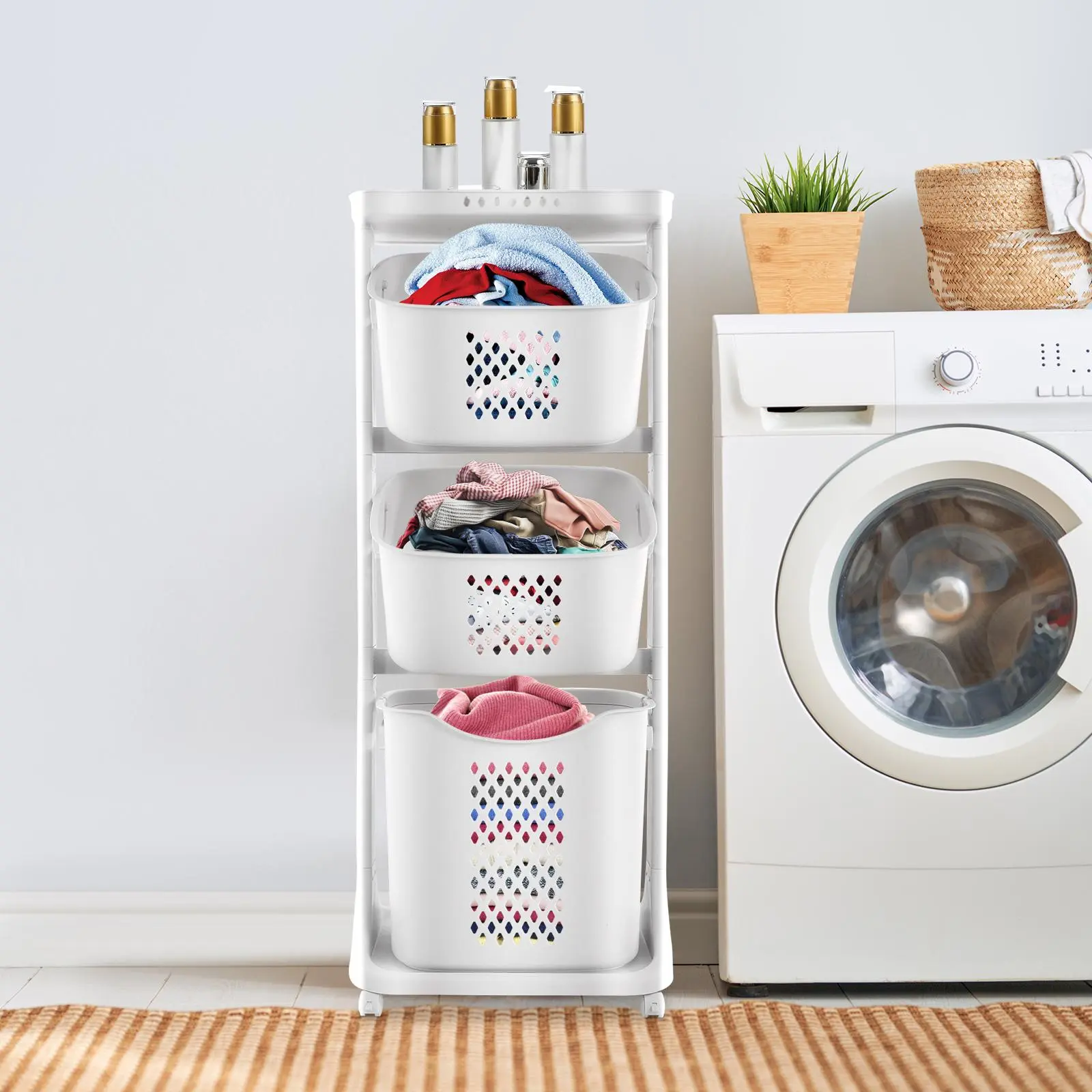 Sturdy Modern Geometric 3-Tier Rust-Resistant PP Laundry Hamper Sorter with Wheels, Handle, 360-Degree Pulley, Smiley Arc Design - Floor Rolling Storage Cart for Bathrooms, Bedrooms (Clothes, Toiletries)