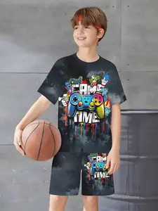 Boys Short Sleeve T-Shirt and Shorts Set, Cartoon 3D Print, Knitted Fabric for Spring Summer Party Wear, Trendy Kids