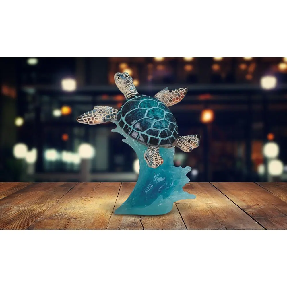 5"H Blue Sea Turtle Swimming on Waves Statue Marine Life Decoration Figurine