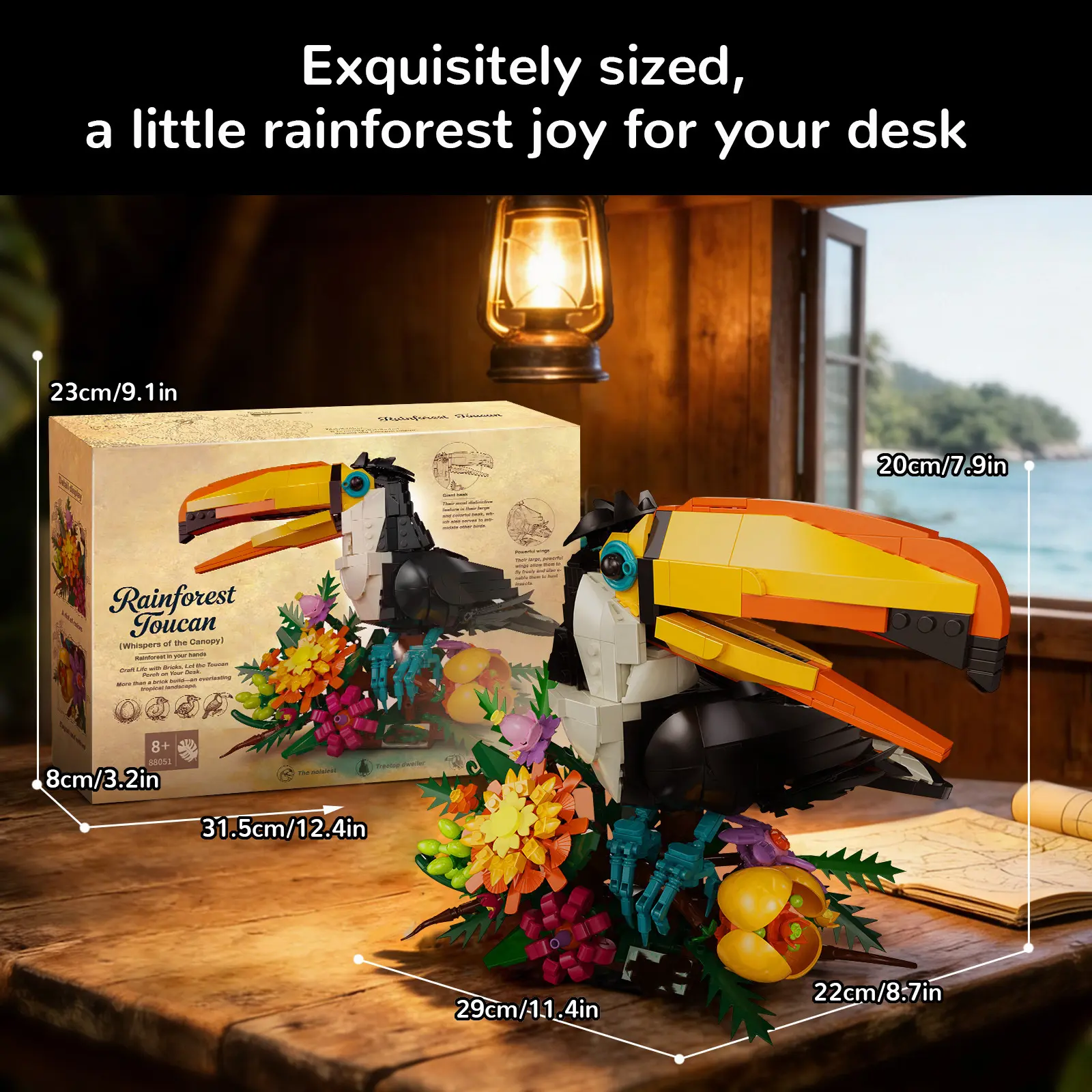 Rainforest Toucan Building Blocks Set, 23cm DIY Tropical Bird Brick Model with Flower Base & Rotating Lights, Creative Assembly Toy for Teens & Adults, Desk Display Decor Collectible Gift Kit