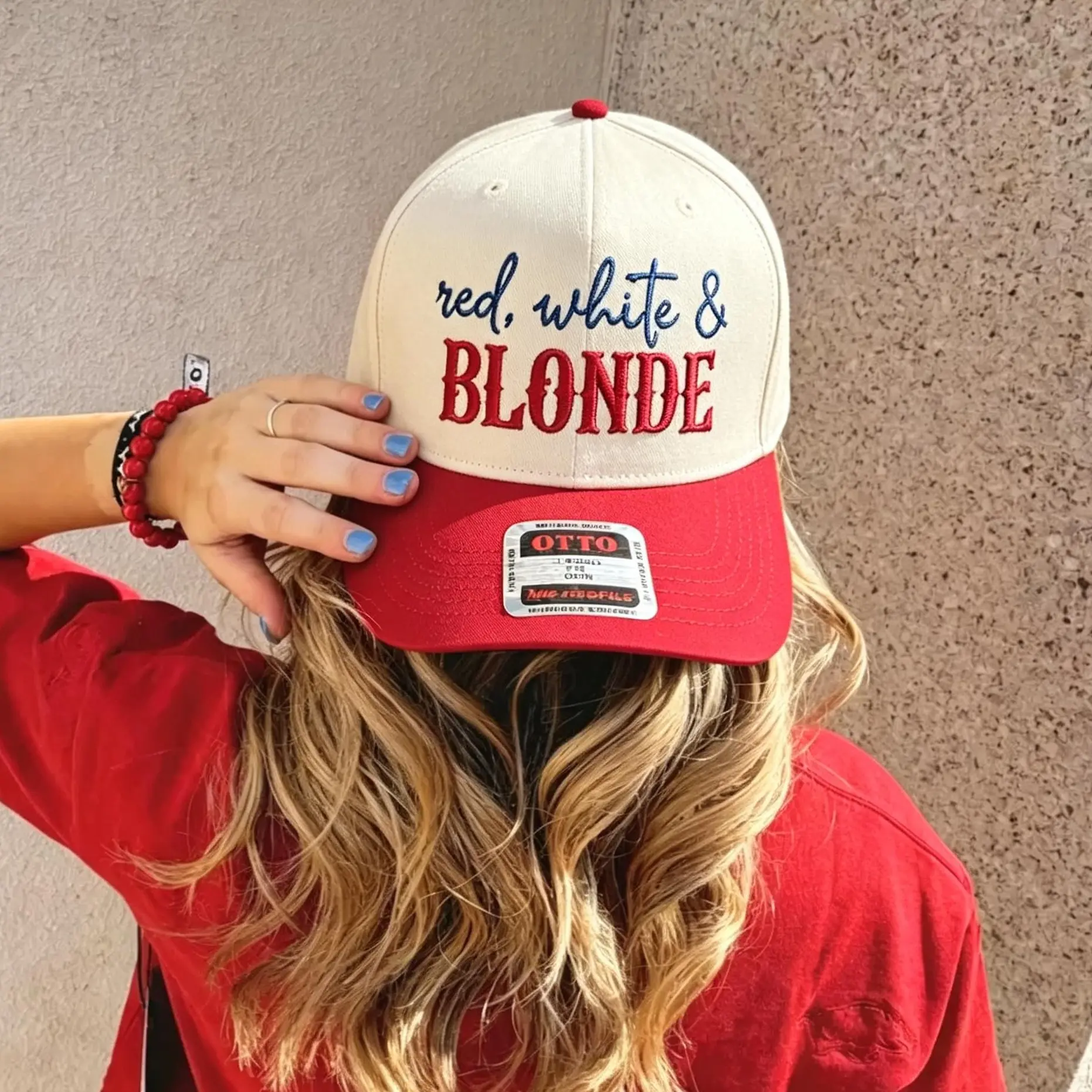 Women's Patriotic Trucker Hat, Red White & Blonde Embroidered Vintage Baseball Cap with Adjustable Snapback, Summer Independence Day Gift, Casual Hat, Colorful Embroidery Hats, Bright Color Hats