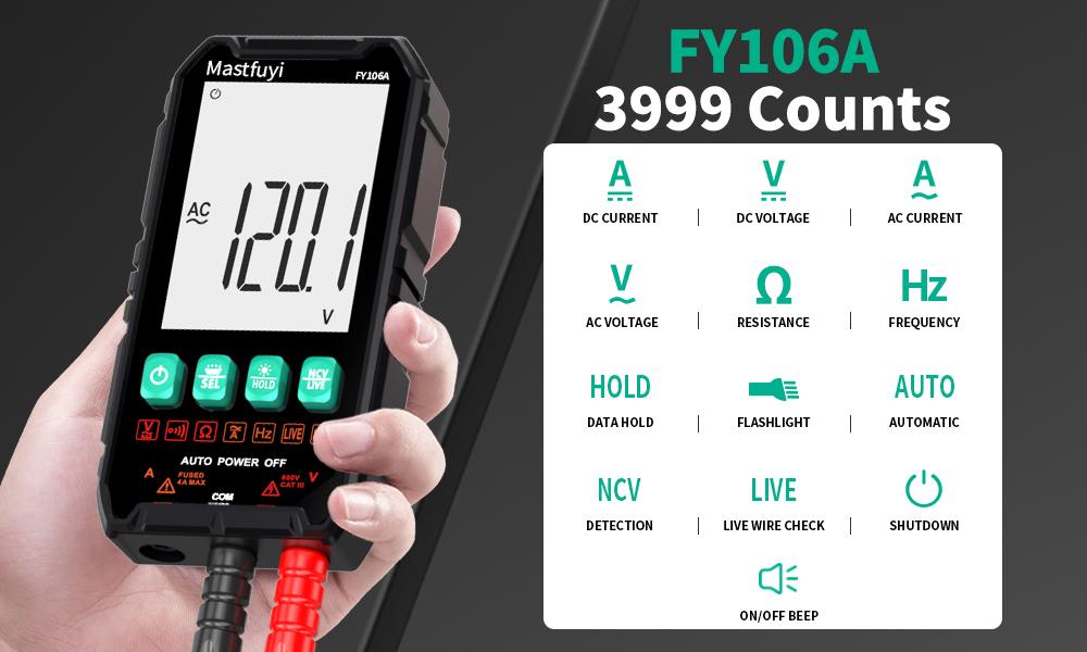 Mastfuyi FY106 Lightweight Smart True RMS Digital Multimeter - 3999 Counts voltmeter, Auto-Ranging, CAT III 600V, Professional Voltage Tester with Test Leads, Tools and Gadgets, Work Accessories, Mechanic Tools for Live Wires detail 3