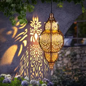 Solar Hanging Lantern, Moroccan Style Ip65 Waterproof Pendant Light, Iron Lattice Projection Lamp for Garden, Patio, Walkway Decor