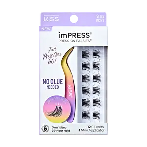 Impress Falsies Pre-Glued False Eyelashes Minipack - Sassy | 12 Lash Clusters, With Mini Applicator, 12mm-14mm
