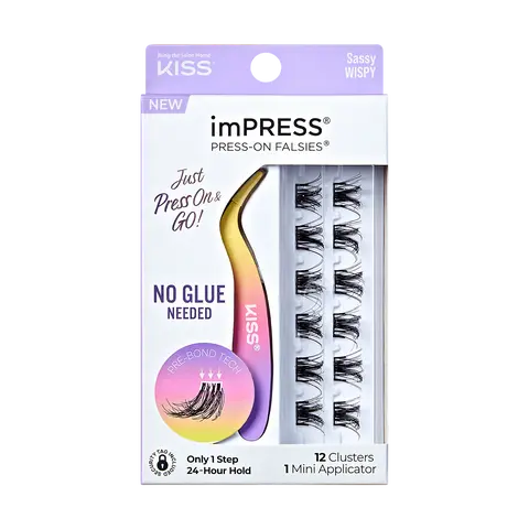 Impress Falsies Pre-Glued False Eyelashes Minipack - Sassy | 12 Lash Clusters, With Mini Applicator, 12mm-14mm