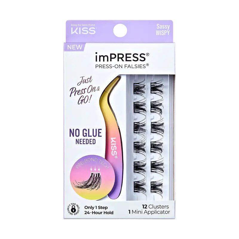 Impress Falsies Pre-Glued False Eyelashes Minipack - Sassy | 12 Lash Clusters, With Mini Applicator, 12mm-14mm