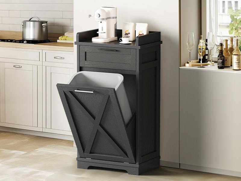 DWVO 10 Gallon Trash Cabinet with Storage Cabinet ＆ Drawer, Wooden Tilt Out Trash Cabinet Hidden Garbage Bin Cabinet, Tilt-Out Hamper for Kitchen Island, 20.5" W x 14" D x 39" H, Black/White