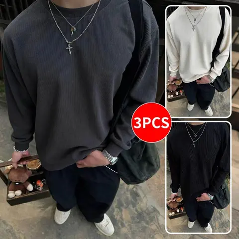 3PCS Men's Corduroy Crewneck Sweatshirt for Spring & Autumn Solid Color Casual Versatile Comfortable Fabric Long Sleeve Option Menswear Stylish