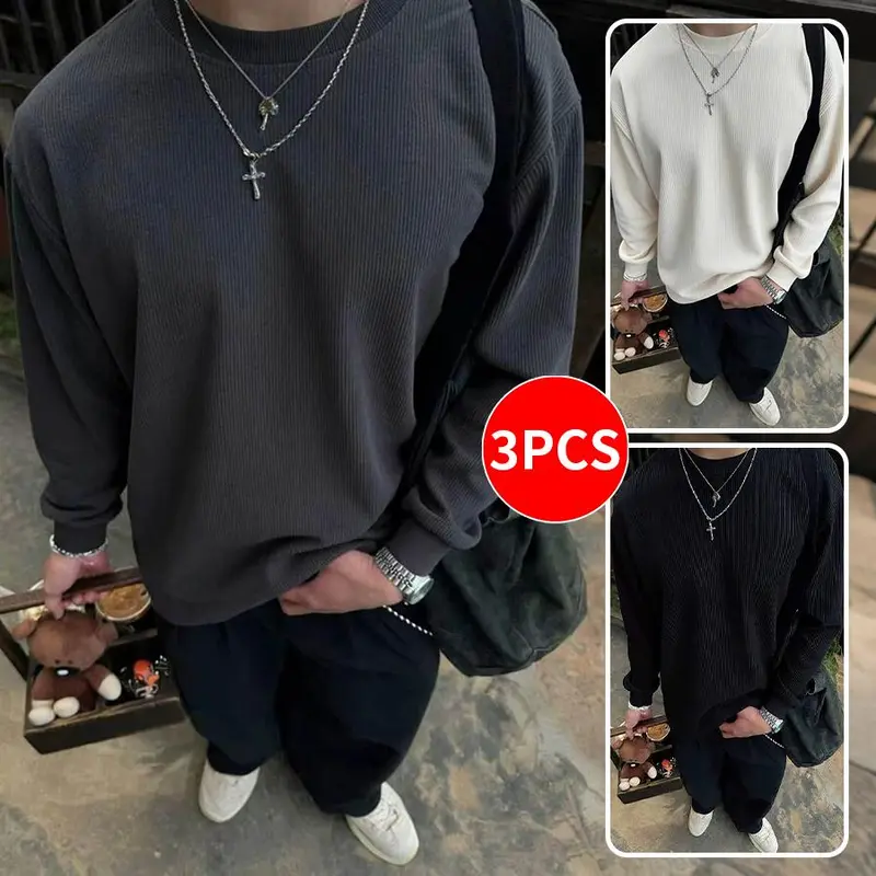 3PCS Men's Corduroy Crewneck Sweatshirt for Spring & Autumn Solid Color Casual Versatile Comfortable Fabric Long Sleeve Option Menswear Stylish