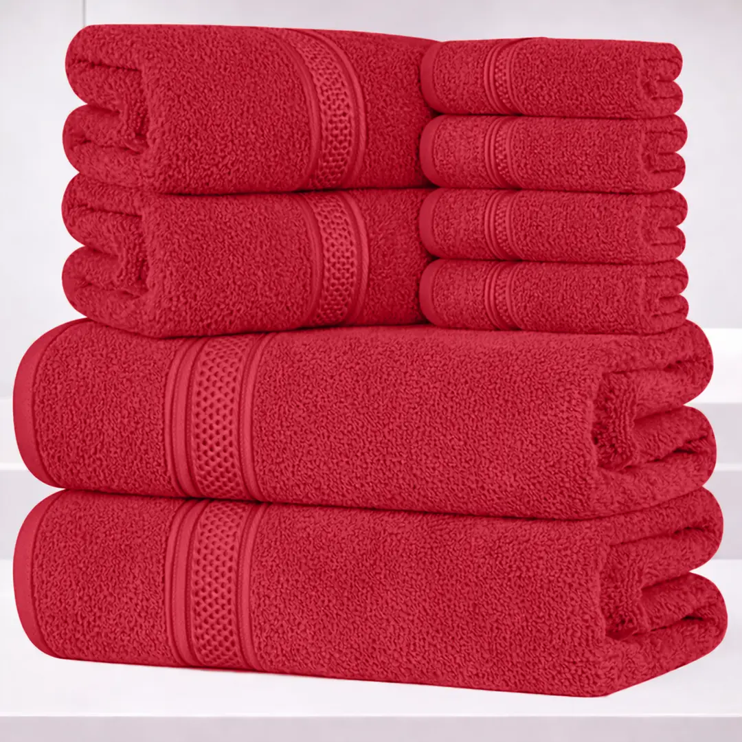 Unisex 8-Piece Luxury Hotel-Quality Red Turkish Cotton Bath Towel Set, 100% Thick Breathable Water-Absorbent Cotton, for Home Bathrooms & Guest Rooms, 2x27x54in Bath Linens, 2x16x27in Hand Towels, 4x12x12in Washcloths, Ideal Mom Gift