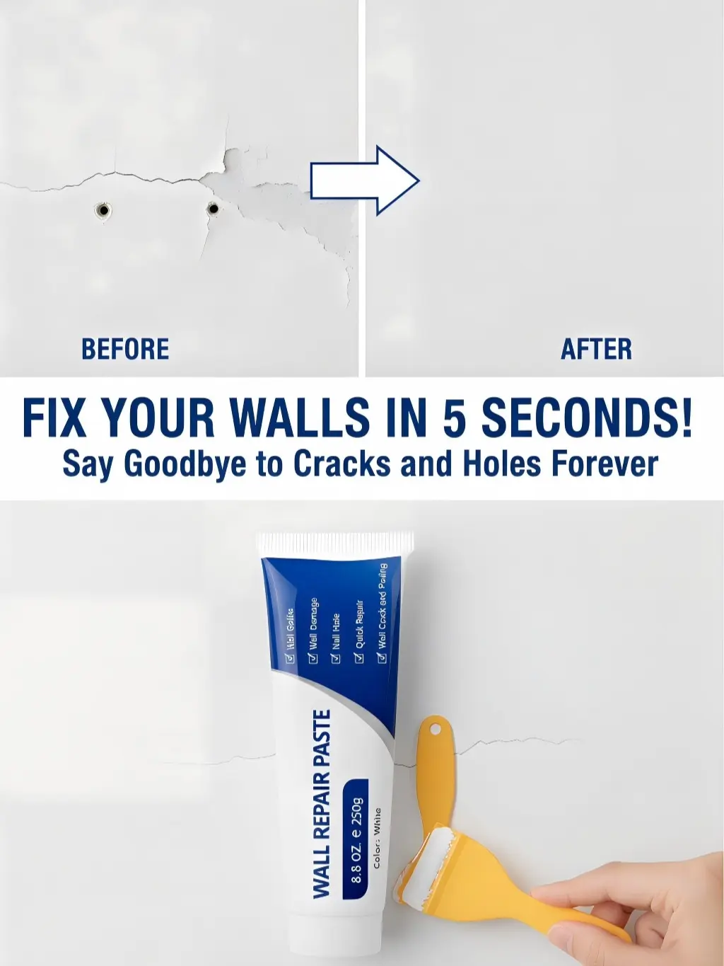 Skip Expensive Repairs! This 5-Second  Fix Paste Instantly Repairs Holes & Cracks – No Tools, No Skills Needed, Fast Dry Waterproof Formula, Easy DIY  Repair for Homeowners & Renters White Spackle Kit wall mending agent