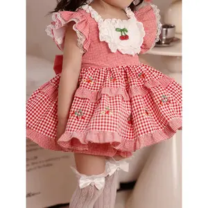 Girls' Vintage Cherry Print Summer Dress with Ruffled Sleeves & Layered Skirt - Red & White Checkered A-Line Pencil Skirt with Bow Waist, Elastic Sock-Like Leg Warmers - Non-Stretch Fabric for Themed Parties & Everyday Play (No Slips Needed) - Easy-Care H