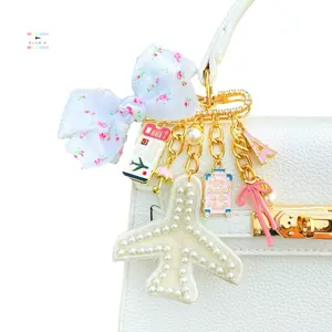Travel Ready Airplane Bag Charm Pin /  Floral Coquette Bow Faux Pearl Airplane Bag Charm Pin / Airplane Floral Handmade Coquette Bow Handbag Charm Pin / Cute Fashion Accessory