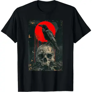 Red Moon Black Gothic Raven Skull Graphic Black Crow T-Shirt fashion round neck men gifts tees good Men's Cotton Casual T-Shirts Designer Oversized T-Shirt