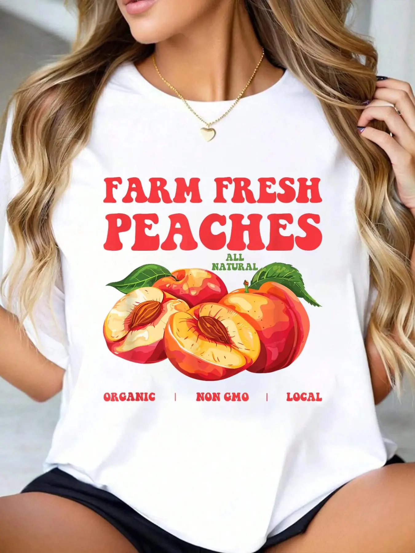 Women's 100% Cotton Casual Lady Round Neck Short Sleeve Loose Style Graphic Tee - Farm Fresh Peaches Organic Non-GMO Local Funny, Breathable Comfort Fit Top for 2 Key Seasons, Tshirt