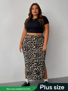 Plus Size leopard Print Split Hem Midi Skirt, Leopard Printed Skirt, Casual Fashionable Skirt for Daily Outdoor Wear, Women Clothing for Spring Fall, High Waisted Skirt